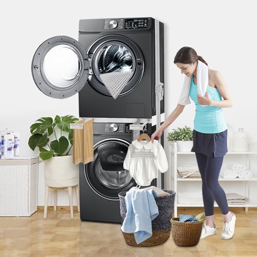 Washer Dryer Stacking Kit - Adjustable Design Fits Most Washers & Dryers | Adjustable 24" - 29" - Universal Stacking Kit with Pull-Out Drying Rack for Laundry Room - Space-Saving - style: Stacking Kit with 4 Tube Racks