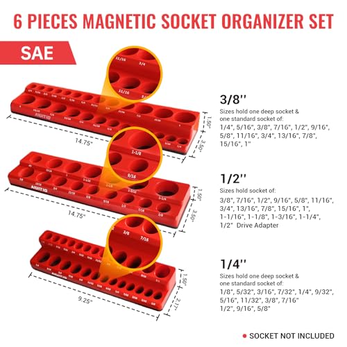 AIUITIO 6-Piece Magnetic Socket Organizer Set, Magnetic Socket Holder Includes 1/4", 3/8", 1/2" Drive Metric SAE Socket Trays,Holds Standard and Deep Sockets - size: Magnetic Design