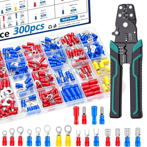 smseace 300pcs 19 Values Electrical Crimp Connectors with Crimping tool spade connector kit Fork Spade Butt Ring Bullet Crimp Connectors - size: 300Pcs