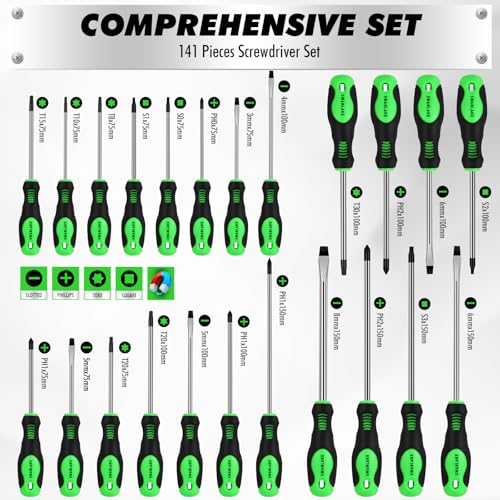 141-Piece Magnetic Screwdriver Set with Plastic Rack, Torx/Slotted/Phillips Precision Screwdrivers, SAE & Metric Hex Key Kit, Ratchet Handle & Screwdriver Bits, DIY Tools for Gift - style: 141-Piece Magnetic Screwdriver Set