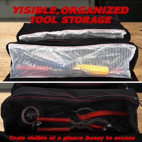 13-Pocket Roll Up Tool Bag with Clear and Mesh Pouches, Black
