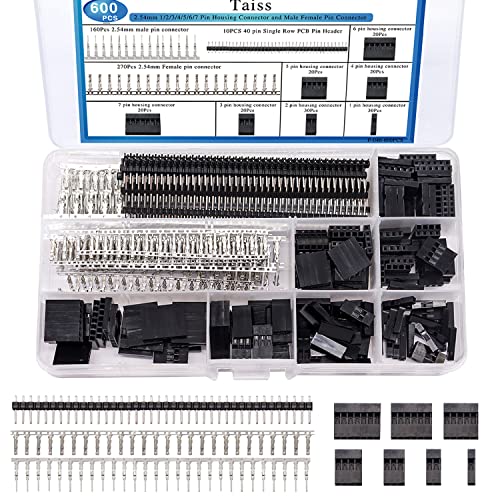 Taiss 600PCS Dupont Connector Kit - 2.54mm 1/2/3/4/5/6/7 Pin Housing Connector and Male/Female Crimp Pin, Jumper Wire Cable