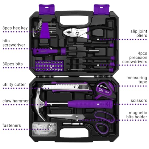 DEKOPRO 50 Piece General Household Hand Tool Kit with Plastic Toolbox Storage Case, All Purpose Home Tool Kit Includes Essential Tools for Office College Repairs - Purple - color: Purple-50pcs