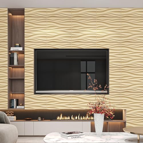 STICKGOO Wave 3D Wall Panels, Light Oak, 19.7''x19.7'', Pack of 12 - color: Light Oak