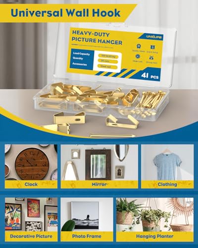 Uniclife 20 Pcs 100 lb Heavy Duty Picture Hangers for Drywall & Wood, Picture Hanging Hooks with Nails, Picture Hanging Hardware, Frame Hooks Picture Hooks for Hanging Photos Mirrors Paintings - size: 20 Pcs(100 lbs), style: Gold