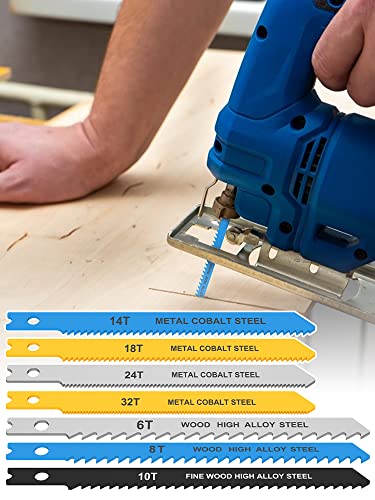 24PCS Jig Saw Blade Set, High Carbon Steel Assorted Saw Blades, U-Shank Sharp Fast Cut Down Jigsaw Blade for Wood Metal Plastic Cutting Includes 6t 8t 10t 14t 18t 24t 32t