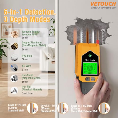 6 in 1 Stud Finder Wall Scanner, Electronic Stud Detector with LCD Display & Sound Alarm, Magnetic Stud Sensor for Wood, Metal, AC Wire, Pipe Detection in Walls, Ceilings, Floors-Orange - color: Orange + Black