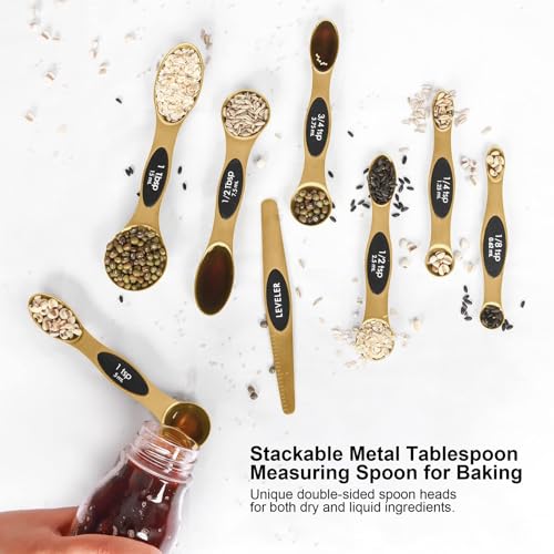 Magnetic Measuring Spoons Set Stainless Steel with Leveler, Stackable Metal Tablespoon Measure Spoon for Baking, Measuring Cups and Spoon Set Kitchen Gadgets Apartment Essentials Fits in Spice Jars - color: Gold