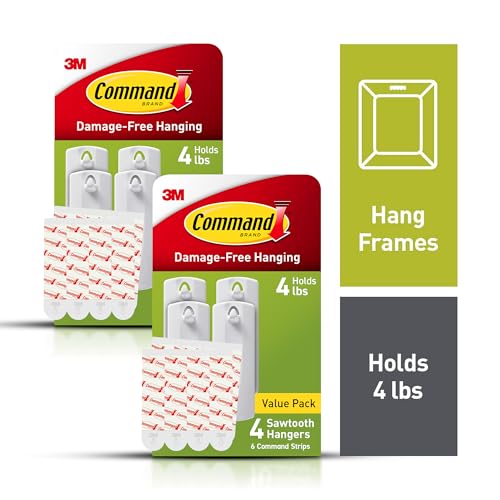 Command Sawtooth Picture Hangers, Damage Free Hanging Frame Hangers, No Tools Wall Hooks for Hanging Sawtooth Frames in Living Spaces, 8 White Picture Frame Hangers and 16 Command Strips - size: 2 Pack