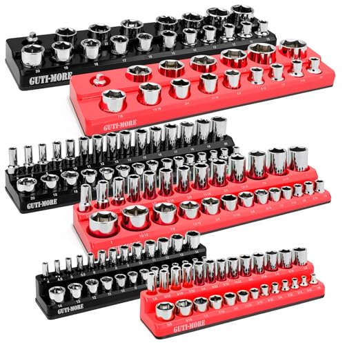 GUTIMORE Magnetic Socket Organizer Set, 6PCS Socket Holder,1/4", 3/8", 1/2" Metric & SAE Magnetic Socket Tools Trays,Holds 143pcs Sockets For Tool Box Drawer (Socket not Included)