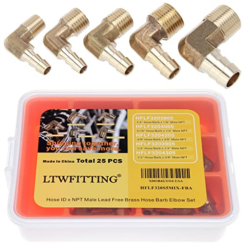 LTWFITTING Assortment Kit Hose ID (1/4-Inch to 1/2-Inch) x (1/8-Inch to 3/8-Inch) NPT Male Brass Hose Barb Elbow Set for Water(Pack of 25)