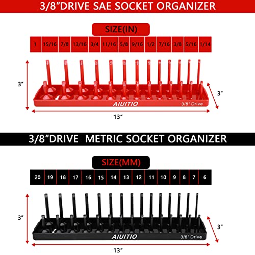 AIUITIO 8 Piece Metric & SAE Socket Organizer Tray Set, 1/4-Inch, 3/8-Inch & 1/2-Inch Drive Standard & Deep Socket Holders for Toolboxes, Store 176 Sockets - size: 176 Socket Capacity