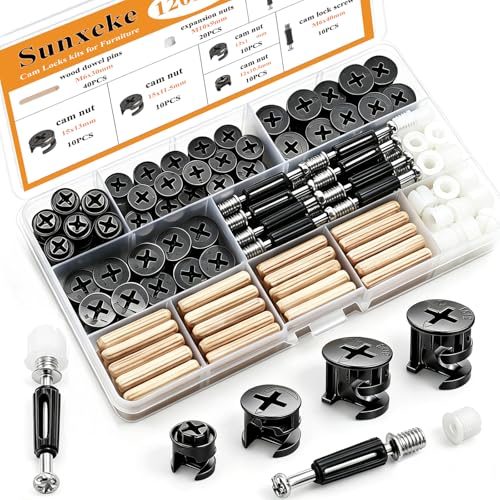 120PCS Cam Locks for Furniture3-in-1 Eccentric Hardware Wheels,Furniture Fasteners&Connectors with Multi-Size Nuts,Bolts and Wood Dowel Pins,Kit for Furniture Assembly/Repair(Black) - size: 120PCS-Black