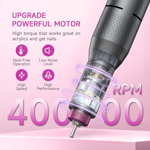 Electric Nail Drill Professional, Portable Nail File for Acrylic Gel Nails, Cordless Rechargeable Ultra Power Nail Drill Kit 40000RPM, Salon-Grade Efile Nail Machine (Dark Grey) - color: Dark Grey