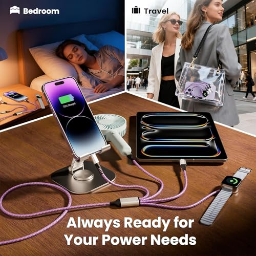 Dual Type-C 4 in 2 Multi Charging Cable for iWatch Charger Multiple Devices - color: Lilac, size: 2Pack5FT