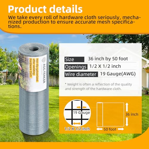 AggFencer 36inch x 50ft Hardware Cloth 1/2 inch Chicken Wire Fencing 19Ga - size: 1/2in 36in x 50ft