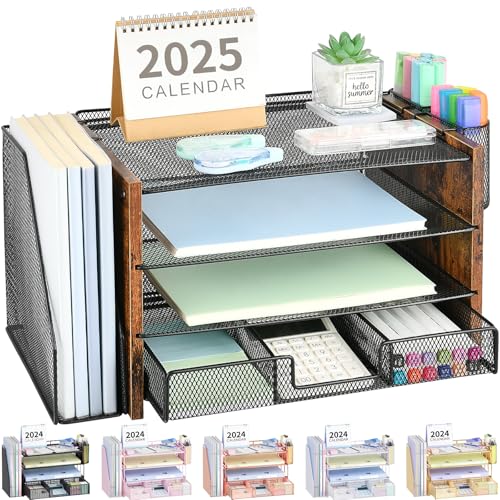 OPNICE Desk Organizer, 4-Tier Desktop File Organizer with Drawer and Pen Holders, Office Desk Accessories, File Sorters, Workspace Organizers for Office Supplies(Brown Wood) - color: Brown Wood, size: 4T