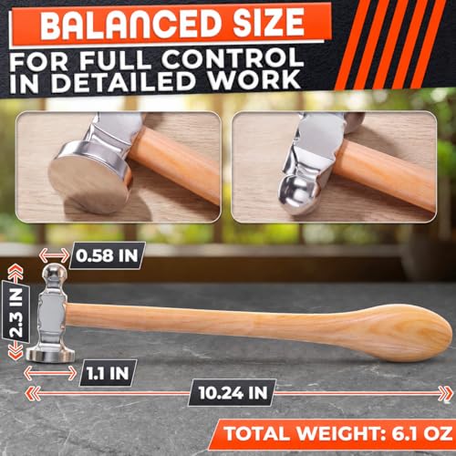Chasing Hammer for Jewelry Making, Two-Sided, 10 Inch Wooden Handle - color: Beige