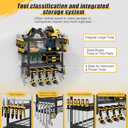 4-Tier Power Tool Organizer Wall Mount, 200LBS Capacity, 4 Drill Holders - size: 16.5" Width 4-Tier