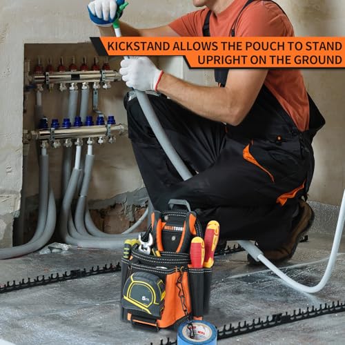 MELOTOUGH Small Electrician Tool Pouch With Belt Clip Attachment - 9 Pockets Tradesman Bag With Tape Thong - Holster for Electricians - color: Orange Electrician Tool Pouch