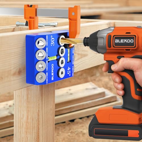BLEKOO Angled Drill Guide Jig with Level, Drill Guide with 4 Bits for Wood Posts & Cable Railing Lag Screw Kit, Durable All Metal Drill Jig for Drilling 30°, 45°, 90° Degree Angle Holes (Blue-Level) - color: Blue-level