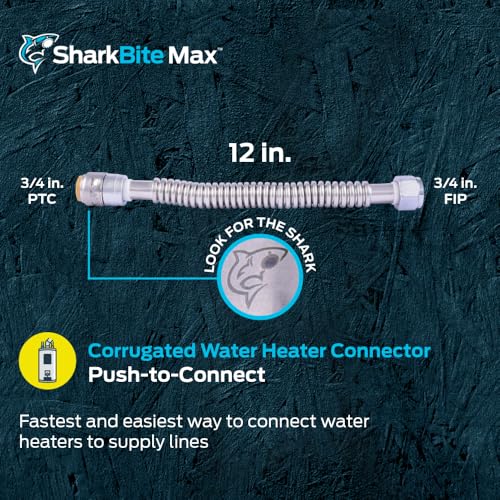 SharkBite Max 12 in Corrugated Flexible Water Heater Connector, 3/4 Inch Push-to-Connect x 3/4 Inch FIP, Brass Plumbing Fitting, Stainless Steel, URSS3088FX12 - size: 12 in. L x 3/4 in. PTC x 3/4 in. FIP