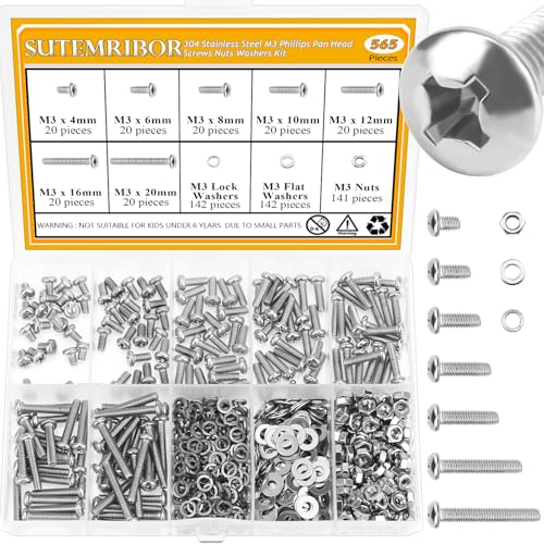 565 Pieces M3 Machine Screws Nuts Washers Set, Sutemribor M3 x 4/6/8/10/12/16/20mm Phillips Pan Head Machine Screws Nuts Washers Assortment Kit, 304 Stainless Steel, Fully Threaded - size: M3, style: Phillips Pan Head