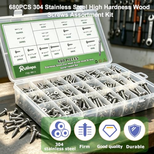 680PCS Wood Screws Assortment Kit,304 Stainless Steel Pan Head Screws, #4#6#8#10#12 Sheet Metal Screws Length 1/4" to 1-1/2",Self Tapping Screws Set - size: 681PCS-SV