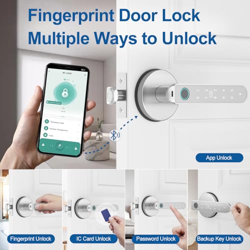 BIWIBON Fingerprint Door Lock, Fingerprint Door Knob with 5 Unlock Options - color: Silver 02