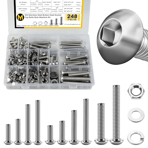 Mywish 248Pcs Nuts and Bolts Assortment Kit, 1/4-20, 5/16-18, 3/8-16 Bolt, 304 Stainless Steel Button Head Socket Cap Assorted Nuts and Bolt, Bright Finish Nut and Bolts - size: Select