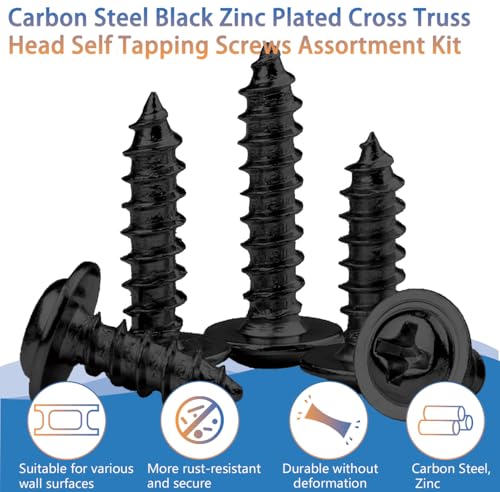 #4# 8#10 Phillips Truss Head Black Wood Screws Assortment Kit 175PCS, Black Zinc Plated Steel, Modified Truss Head, Self Tapping Screws for Wood, Drywall, Plastic (1/2", 3/4", 1", 1-1/2") - size: #4 #8 #10 Kit