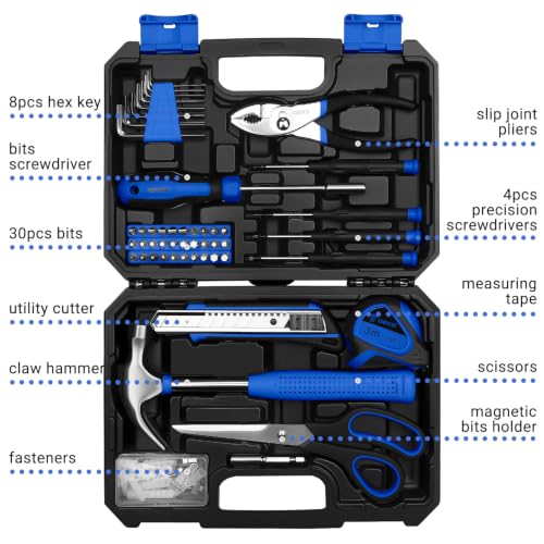 DEKOPRO 50 Piece General Household Hand Tool Kit with Plastic Toolbox Storage Case, All Purpose Home Tool Kit Includes Essential Tools for Office College Repairs - Blue - color: Blue-50pcs