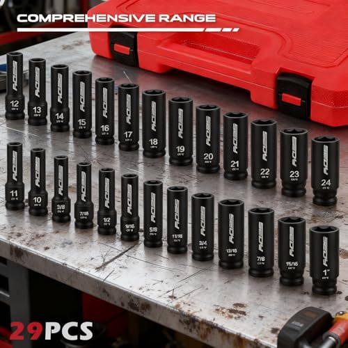 29-Piece 1/2" Drive Impact Socket Set, SAE (3/8 to 1 inch) and Metric (10-24mm) Sizes with Extension Bars Standard Deep Socket Set CR-V Material High Durability Impact Wrench - style: 1/2" | 29-Piece Standard & Deep