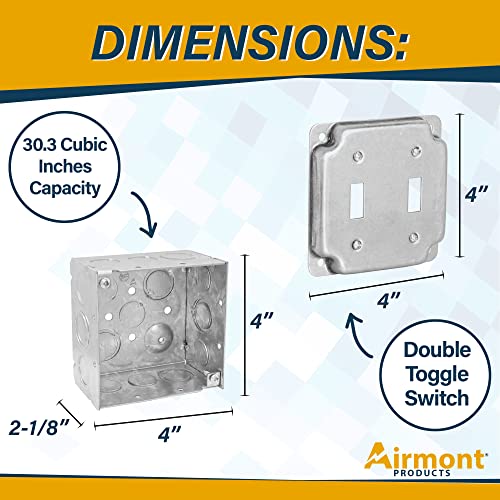 Pack of Box and Cover 4'' Square Electrical Box, 2-Gang Toggle Switch Exposed Work Cover, Crushed Corners, Welded Construction, Ten 1/2'' and Six TKO Knockouts, Raised Ground, 2-1/8'' - size: 2-Gang Toggle