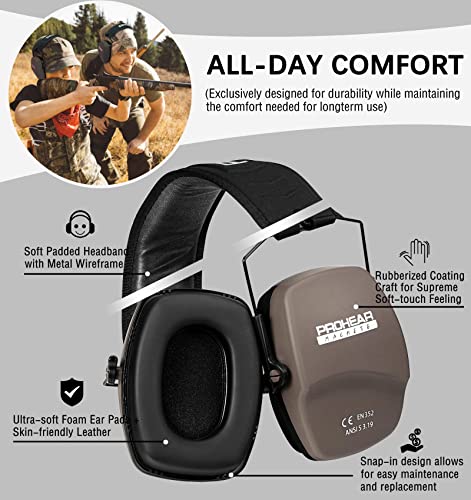 PROHEAR 016 NRR 26dB Shooting Ear Protection, Slim Passive Earmuffs - color: Brown