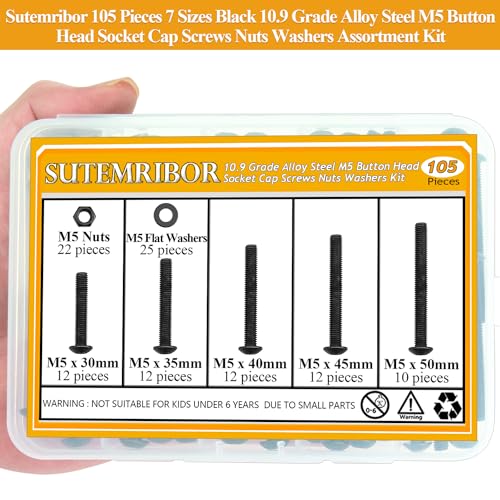 M5 Button Head Socket Cap Screws Nuts Washers Set - 105 Pieces 30/35/40/45/50mm 10.9 Grade Alloy Steel Fully Threaded Black Assortment Kit - size: M5 x 30-50mm, style: Button Head