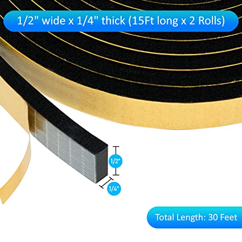 High Density Foam Weather Stripping Door Seal Strip Insulation Tape Roll for Insulating Door Frame, Window, Air Conditioner | Self Adhesive Sealing Weatherstrip (Black, 1/2 in x 1/4 in 30 Ft) - color: Black, size: 1/2 In x 1/4 In x 30 Ft