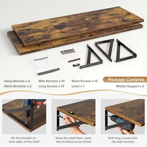 Acovy Deep Floating Shelves Wall Mounted, 36"x12" Brown Wood Shelves with Brackets Set of 2 for Bedroom, Living Room, Bathroom, Kitchen, Office - Storage & Display Shelf for Decor, Books, Plants - color: Rustic Brown, size: 36"Wx12"D-2pcs
