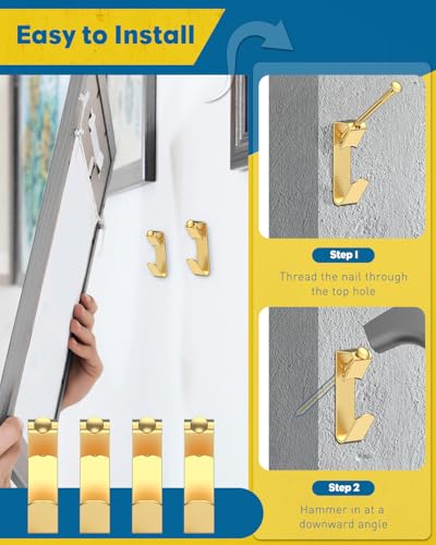 Uniclife 20 Pcs 100 lb Heavy Duty Picture Hangers for Drywall & Wood, Picture Hanging Hooks with Nails, Picture Hanging Hardware, Frame Hooks Picture Hooks for Hanging Photos Mirrors Paintings - size: 20 Pcs(100 lbs), style: Gold