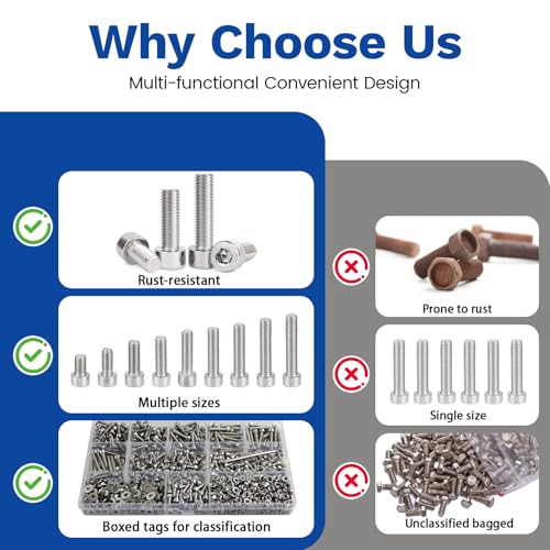 850Pcs M3 201 Stainless Steel Hex Socket Cap Bolt & Nut Set - size: M3x5/6/8/10/12/14/16/18/20-850Pcs