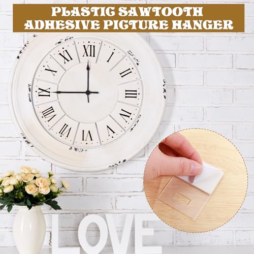10 Pcs Picture Hanging Hooks for Picture Frames Adhesive Plastic Sawtooth Poster Hanger No Hole Picture Hanging Stick on Picture Frame Hooks for Back of Frames
