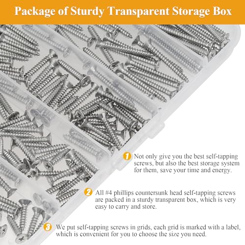 205 Pieces #4 x 1/2" 5/8" 3/4" 1" 1-1/4" Wood Screws Set, Phillips Countersunk Head #4 Self-Tapping Screws Assortment Kit, 304 Stainless Steel - size: #4, style: Phillips Countersunk Head