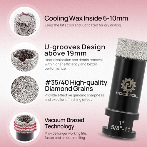 Diamond Core Drill Bit Set - FOCSTOL 11pcs (6/6/8/25/35/51/65/76mm+20mm Drilling Milling Bit+50mm Beveling Chamfer Bit+SDS Adapter) Diamond Hole Saw Kit for Porcelain Ceramic Tile Marble Granite - size: KIT5