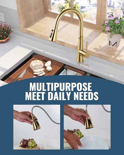 Pull Down Spray Head Replacement - for Kitchen Faucet Sprayer Head with 9 Adapters, 3 Function Pull Out Faucets Spray Nozzle Compatible with Moen, American Standard Faucets, Brushed Gold - color: Brushed Gold