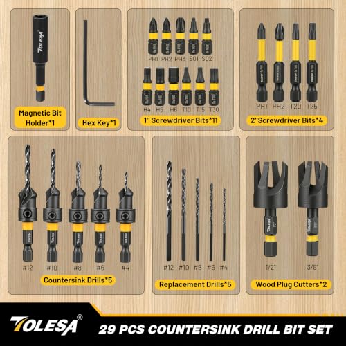 TOLESA Countersink Drill Bit Set, 29 PCS Counter Sink Drill Bit for Wood with 2PC Wood Plug Cutters, Magnetic Extension Bit Holder, Screwdriver Bits, Storage Case