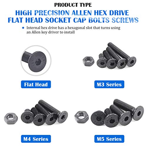 Glarks 510Pcs Metric M3 M4 M5 Alloy Steel Socket Cap Screws Hex Head Bolt Nuts Assortment Kit - Black Oxide Finish - size: Flat Head Socket Cap Screws Set