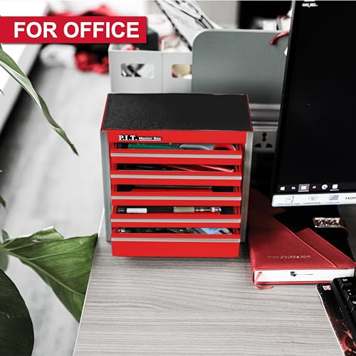 P.I.T. Mini Tool Box,Small Metal Toolbox Organizer with 5 Drawers,Red | 8.6"W X 4.6"D Cute Size,Q235 Steel,Magnetic Locking Mechanism,PVC Drawer Liners - color: Red, size: 5-Drawer