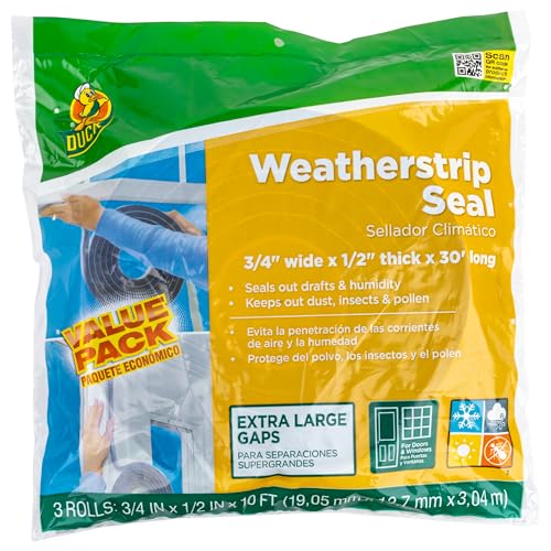 Duck Brand Self Adhesive Foam Weatherstrip Seal for Extra Large Gaps, 30 Total Feet, Window and Door Seal Strip Foam Tape, 3/4-Inch Wide x 1/2-Inch Thick x 10-Feet Long, 3 Rolls, Charcoal (284424) - size: Extra Large Gaps