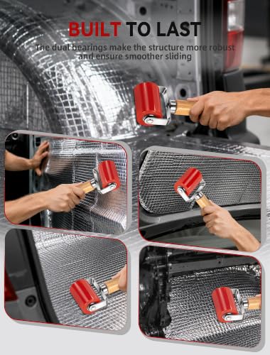 LUMITECO Automotive Sound Deadening Roller Tool, Upgraded Dual Bearing PU Seam Roller with Ergonomic Wood Handle for Car Audio Sound Deadener, Heat Insulation Mat Installation, Wallpaper, Vinyl Wrap - color: Red