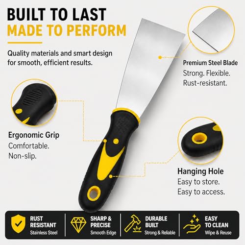 5 Pack 2-Inch Putty Knife Set, Stainless Steel Blade Paint Scrapers with Comfortable Soft Grip Handles, Heavy Duty Spackling Knives for Drywall Repair, Plaster, Wallpaper Removal and Home Improvement